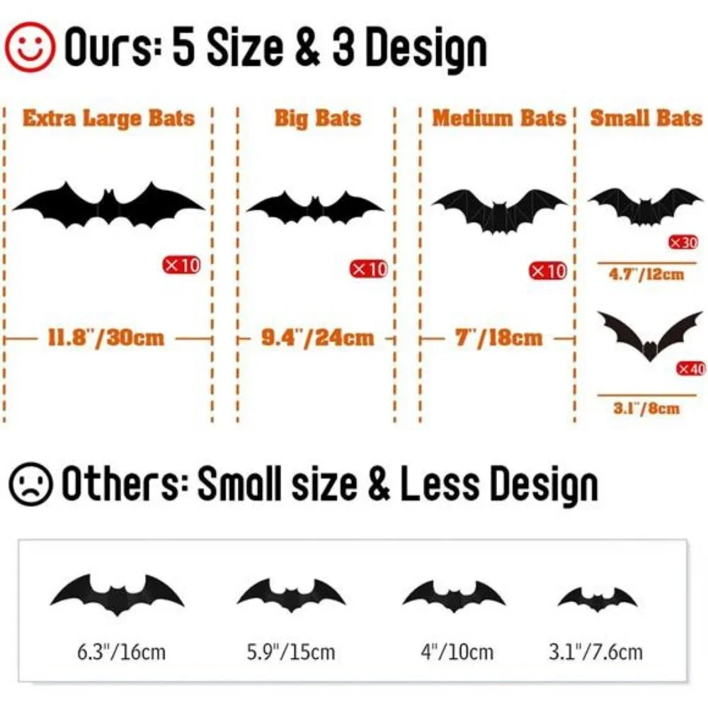100 Pcs Bats Halloween Decoration 3D Bats Wall Decor PVC Wall Bats Stickers for